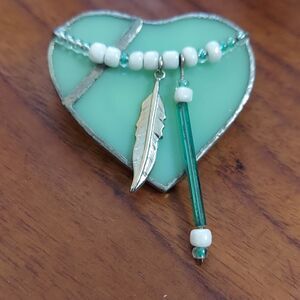 Handmade Stained Glass Heart & Feather Brooch OOAK